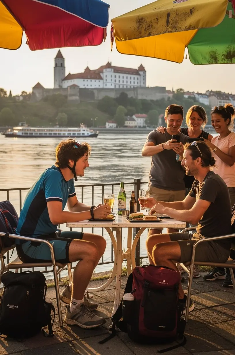 Group of tourists exploring historical landmarks in Slovakia with cost-saving tips displayed on guidebooks
